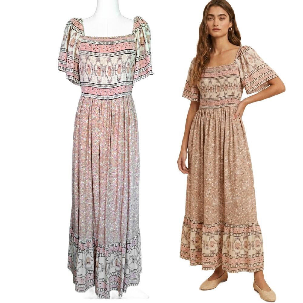 Bohme Floral Smocked Maxi Dress Pink Cream SquareNeck Flutter Sleeve Boho Medium